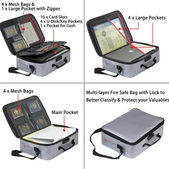 ROLOWAY Fireproof Document Bag with Lock, Fireproof Document safe organizer Gray - Picture 3 of 6